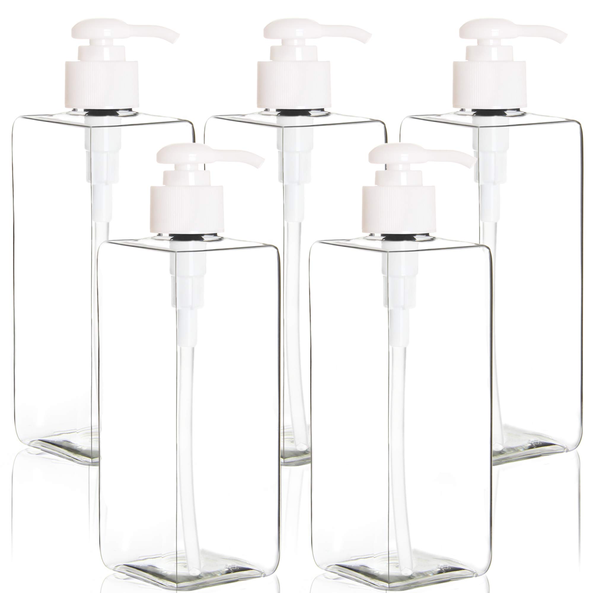 Photo 1 of Youngever 5 Pack 16 Ounce Plastic Pump Bottles, Refillable Square Plastic Pump Bottles for Dispensing Lotions, Shampoos and More (Clear)