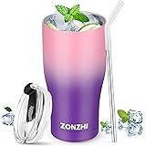 ZONZHI Insulated Tumbler with Lid and Metal Straw & Free Cleaning Brush,20oz (600ml) Reusable Stainless Steel Iced Coffee Tra