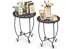 EVELOMO 2Pack Outdoor Side Table,Outdoor Small Table,Weather Metal Resistant Steel Patio Side Table, Round Outside Table for Porch, Garden,Indoor&Outdoor,Black (Style B)