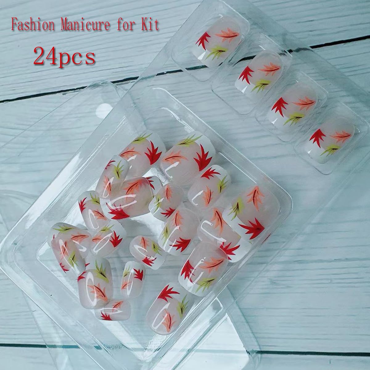Fall Short Square French Tip Press on Nails with Leaves Design,Glossy Maple Leaf False Nails Glue on Nails,Autumn Winter Manicure Art Acrylic White Stick on Nails Fake Nail Tips for Women Thanksgiving - Image 6