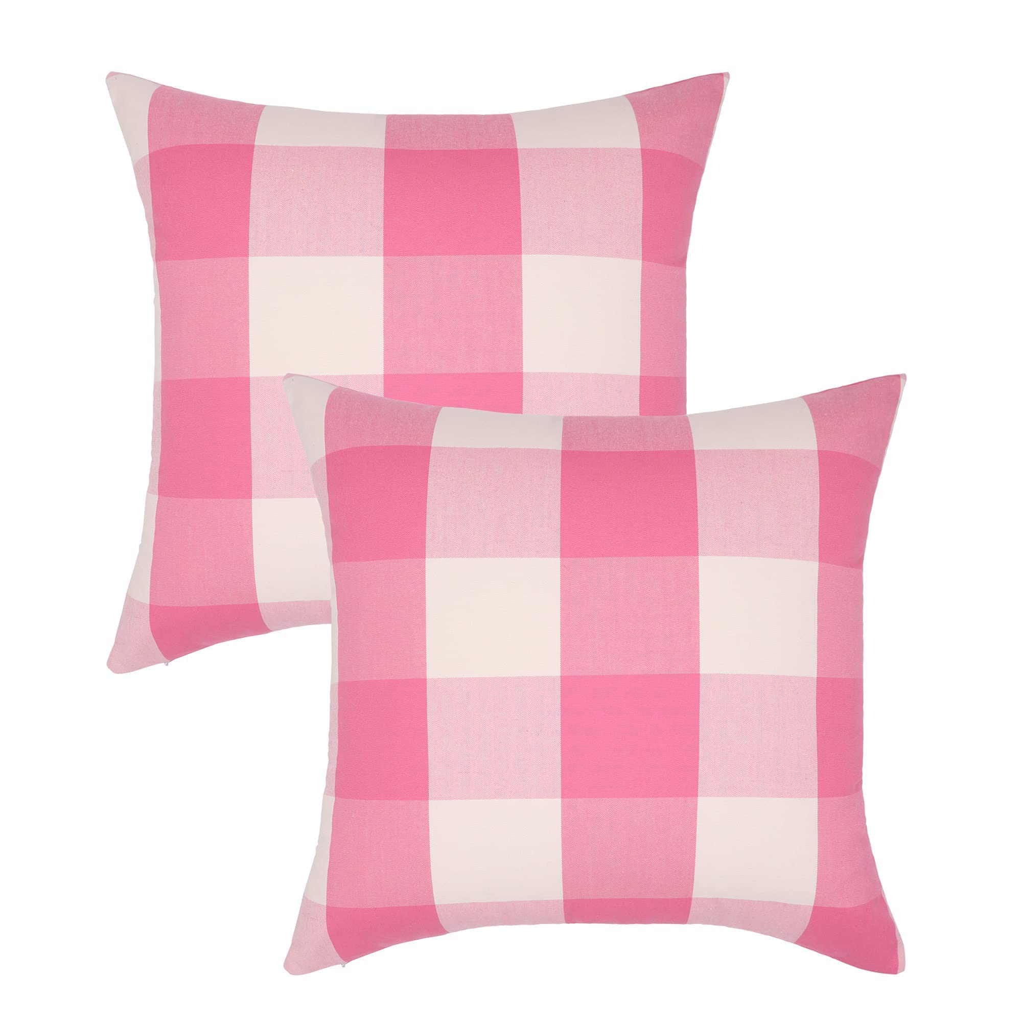 Photo 1 of NAVIBULE 18 x 18In Farmhouse Outdoor Decorative Square Throw Pillow Covers Pink and White Buffalo Check Plaid Cushion Cases Pack of 2
