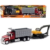 New Ray Toys International Lonestar, Dump Truck w/Excavator 1:43 Scale 18" DIECAST 16623 RED