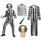 YIGMAW 5 Pcs Black and Green Stripe Suit with Wig Adult Costumes for Men Movie Cosplay Outfits for Halloween