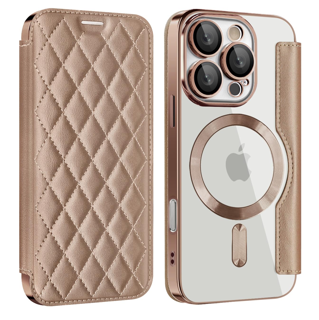 ZQYFCDZ Magnetic Case for iPhone 16 pro with RFID Blocking Credit Card Holder, PU Leather,Shockproof Scratch-Resistant Transparent Back,Desert Gold