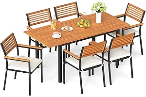 Tangkula 7-Piece Patio Dining Set, Outdoor Acacia Wood Cushioned Chairs and 51”-64” Expandable Rectangular Table Set, with Umbrella Hole, 6 Stackable Armchairs, for Poolside Garden (Off White)