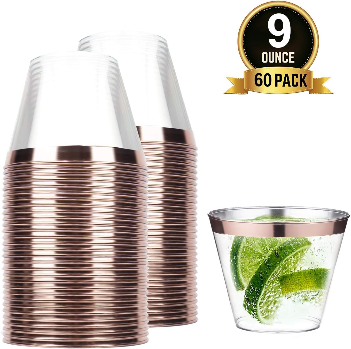 TOROTON 60 Pieces Clear Cups, 9 oz Recyclable Cups with Rose Gold Rimmed, for Wedding Party Birthday Dinner Occasions