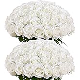 LATRORA 60 Pcs Ivory Fake Roses Artificial Flowers Bulk Realistic Silk Faux Rose with Stems for Wedding Decoration Anniversary Bridal Bouquet DIY Floral Arrangement Romantic Home Decor Gifts
