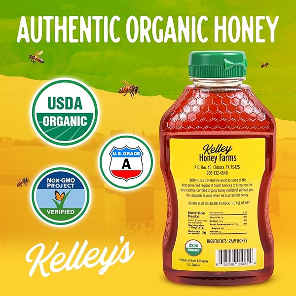 KELLEY’S 100% ORGANIC RAW & UNFILTERED HONEY, USDA CERTIFIED, 24 OZ – ALL NATURAL, FLAVOR-RICH HONEY FOR FRUITS, YOGURT, SMOOTHIES, ACAI BOWLS, TEA – NATURAL SUGAR SUBSTITUTE