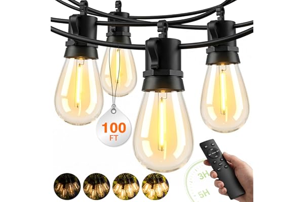 Outdoor String Lights LED Patio-Light - 100Ft Outside Waterproof Dimmable Porch Lights with Remote Shatterproof S14 Bulbs Outside Hanging Light Connectable Lighting for Gazebo Backyard Bistro Pergola