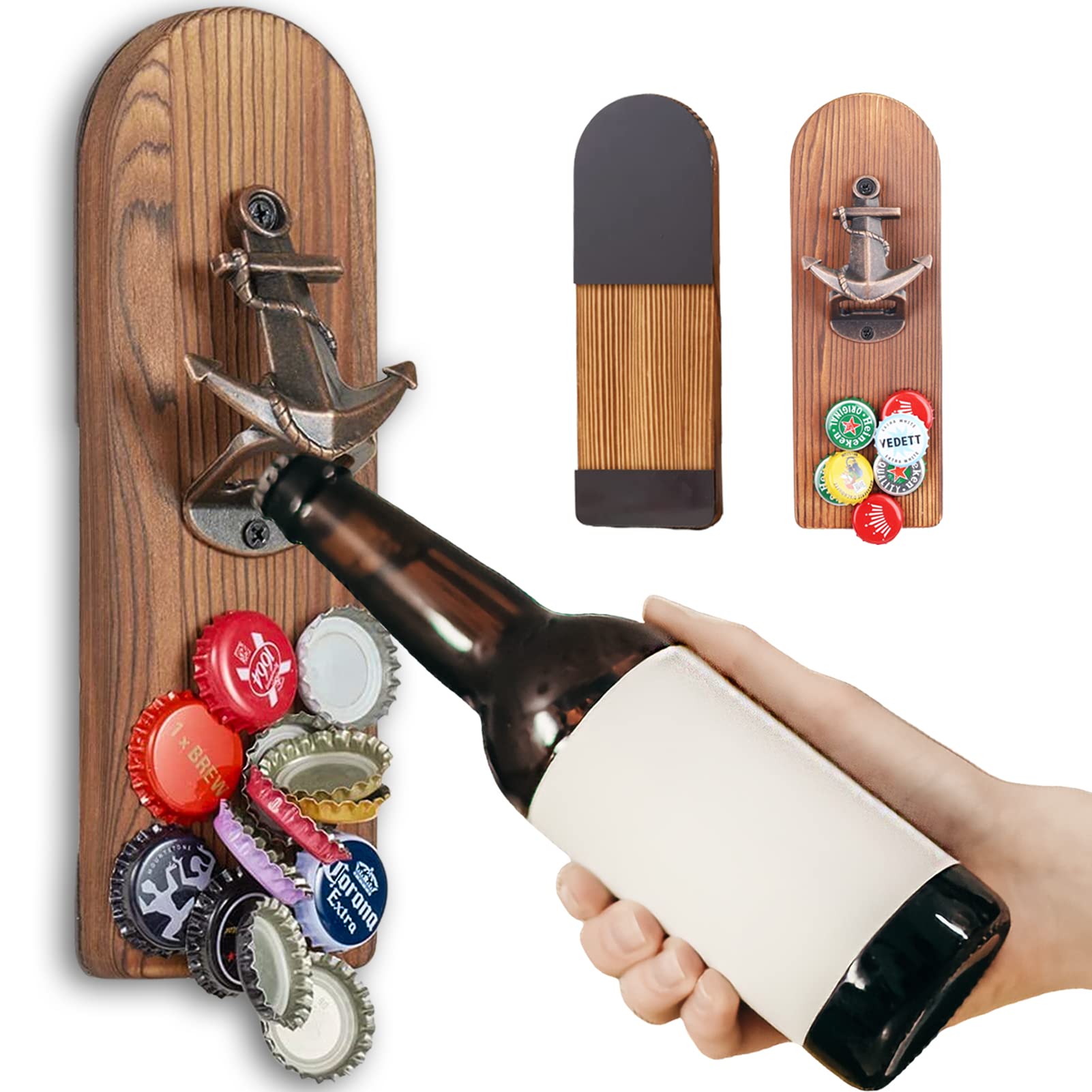 ZONSUSE Magnetic Bottle Openers with Catcher, Wall Mounted Wooden Beer Bottle Opener, Personalised Boat Anchor Corkscrew, Home Bar Accessories for Kitchen, Garden, Outdoor, Ideal Beer Gifts for Men