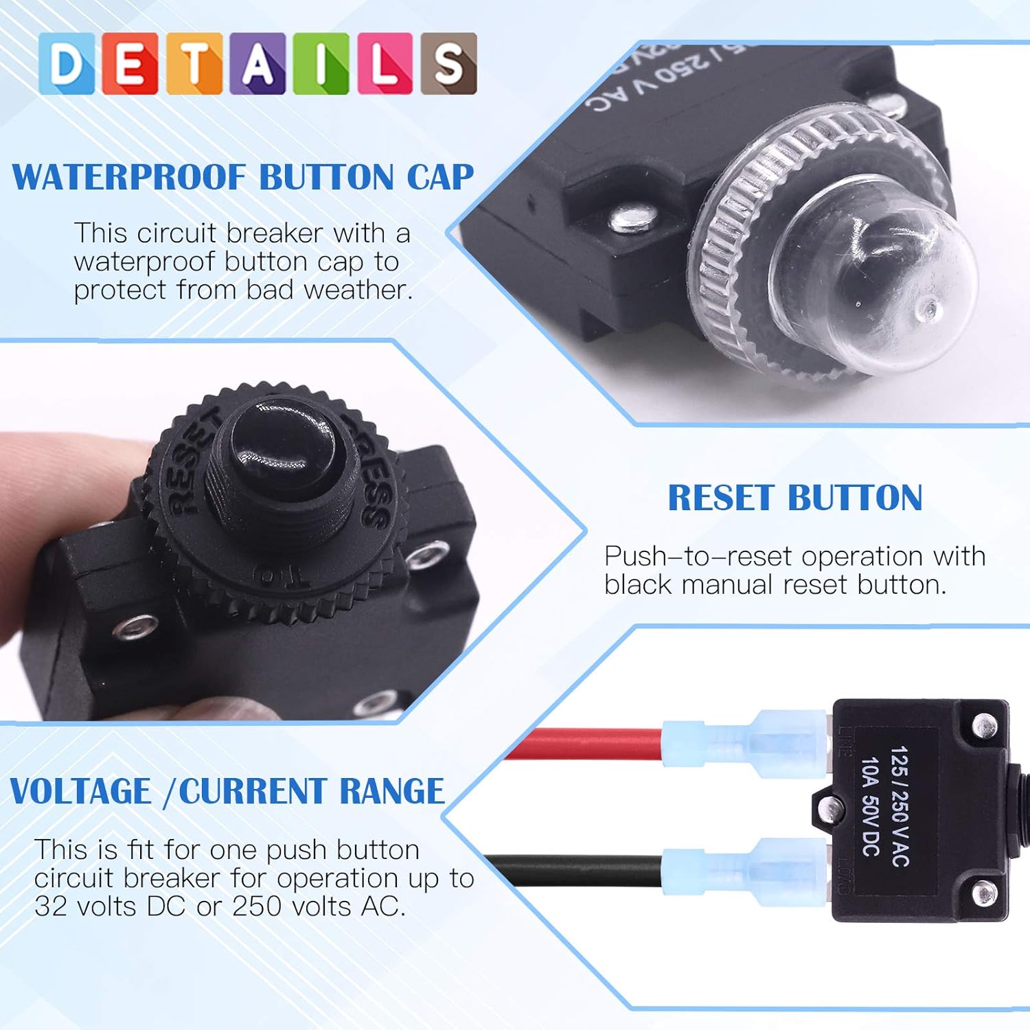 Glarks 30Pcs 5A 10A 15A 20A 30A Circuit Breakers Thermal Overload Protector Switch with Manual Reset 32VDC, AC125-250V With Quick Connect Female Spade Terminal and Waterproof Button Caps - - 