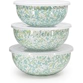 Golden Rabbit Enamelware Nested Mixing Bowls with Lids, Set of 3, Jardin Swirl
