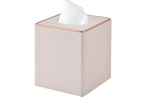 RHCSZ Linen Square Tissue Box Cover,Cube Tissue Box Holder－Excellent Rosegold Leather Decoration,Table Napkin Case Dispenser,Facial Tissues Organizer with Magnetic Bottom for Home Office Car(Beige)
