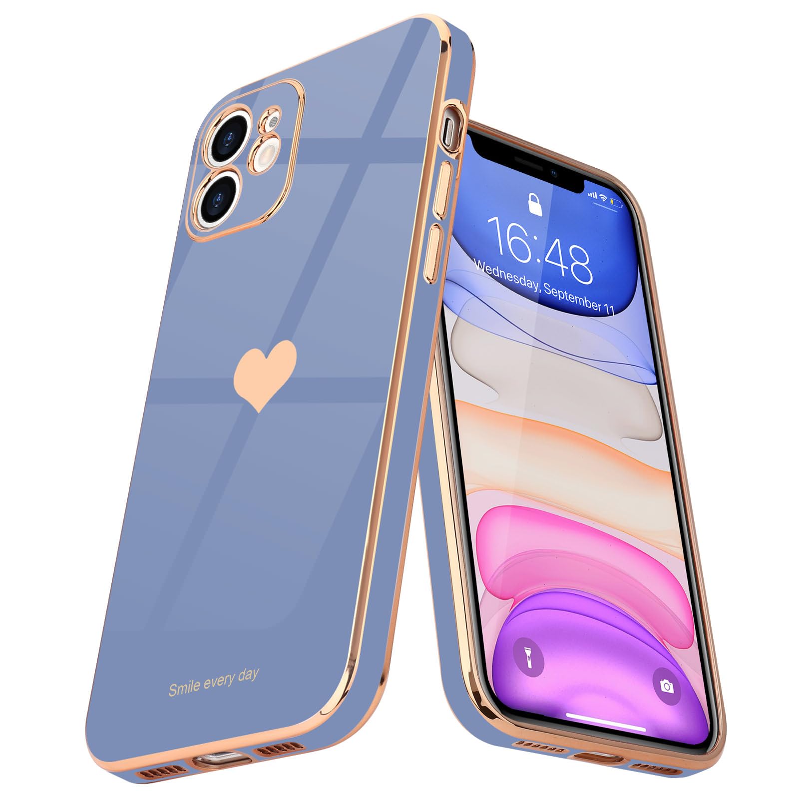 Teageo Compatible with iPhone 11 Case for Women Girl Cute Love Heart Luxury Bling Plating Soft Back Cover Full Camera Protection Bumper Silicone Shockproof Phone Case, Cool Grey
