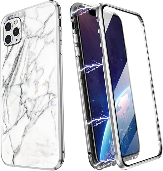 Amazon Com Zhike Marble Iphone 11 Pro Max Case Magnetic Metal Frame Front And Back Tempered Glass Full Screen Coverage One Piece Flip Gradient Color Cover Anti Slip Design Support Wireless Charging White Electronics