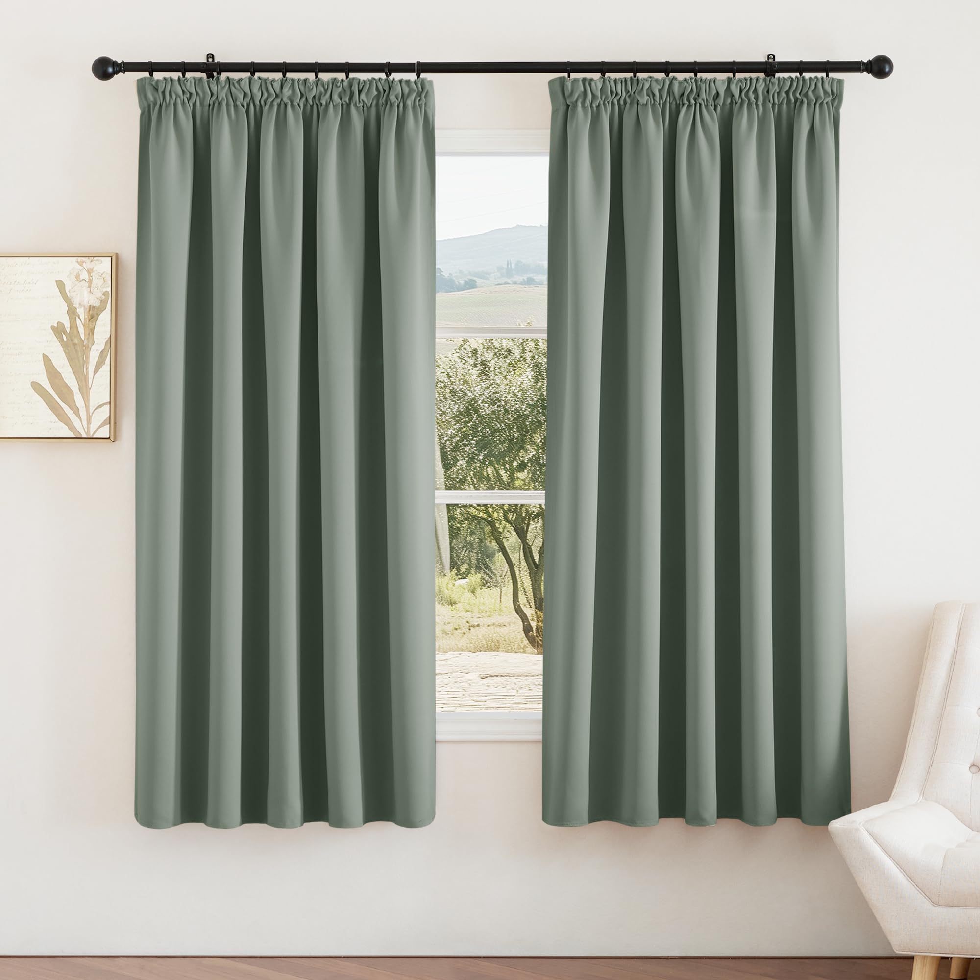 PONY DANCE Blackout Thermal Curtains - Living Room Pencil Pleat Curtain 2 Panels Set Light Filter Super Soft Curtains Home Decorative, W66 X L72, Sage Green — image 1