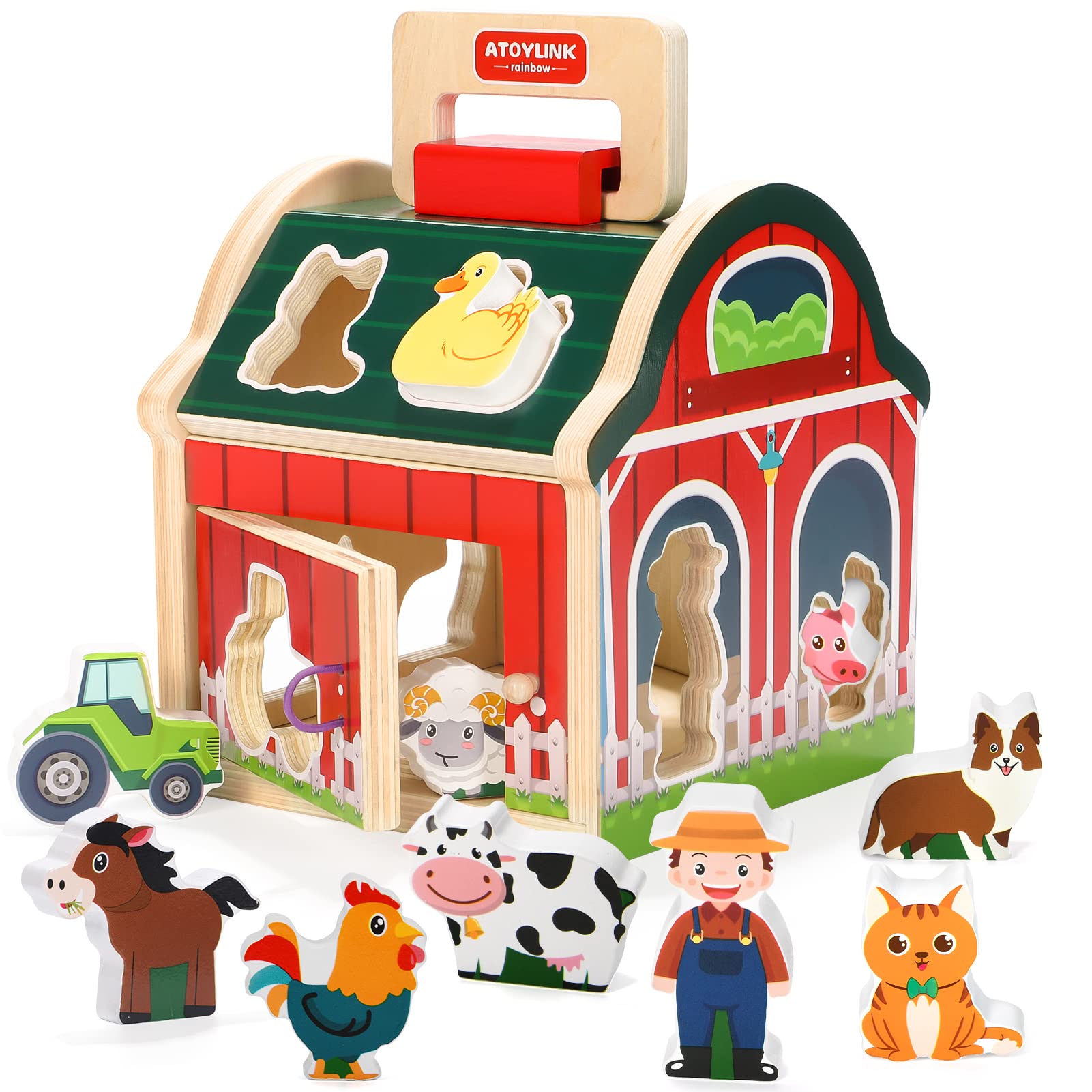 Montessori Toys for 1 2 3 Year Old Wooden Farm Take Along Shape Sorter Toys Matching Sorting Barn Farm Animals Playset Early Development Learning Toys Preschool Gifts for Baby Toddlers Boys Girls