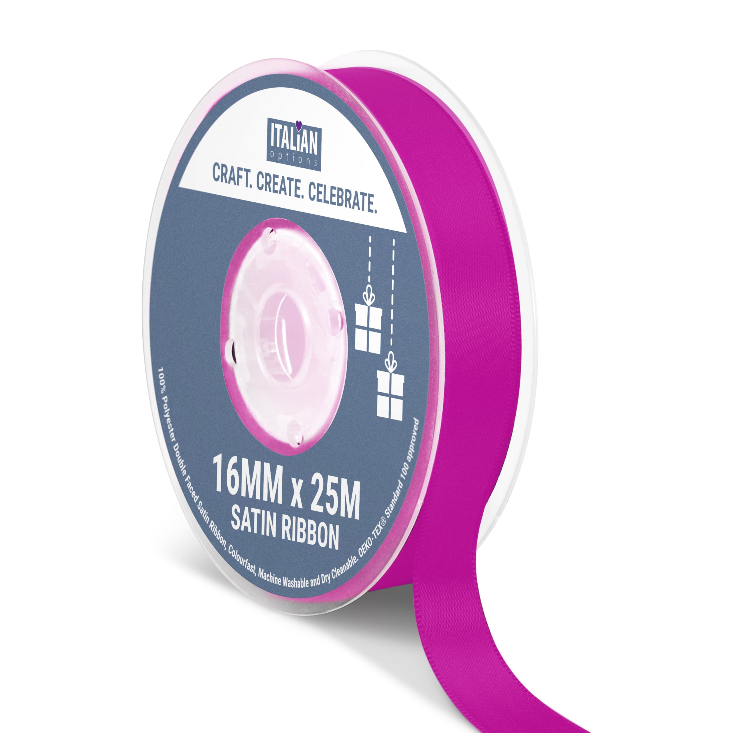 Italian Options Satin Ribbon, Fabric Ribbons for Gift Wrapping, Crafting, Balloons, Wedding Car, Presents, Cake, Christmas, Birthday, Gift Wrap Accessories, 16mm Wide x 25 Metre Roll, Clover Pink