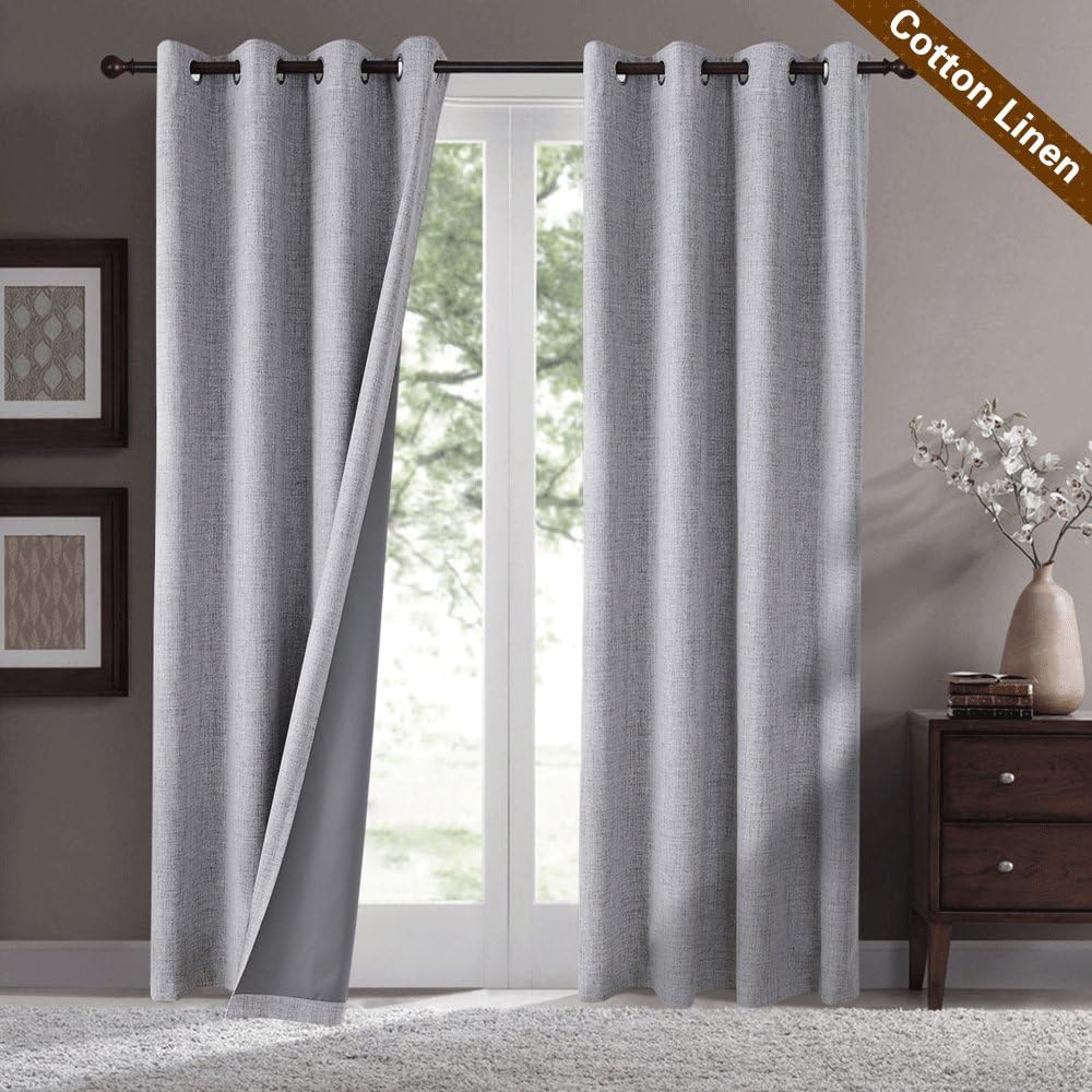 GIAERD Set of 2 Panels 100% Blackout Grommet Top Cotton Linen Window Curtains for Bedroom Living Room,Light Blocking Room Darkening Drapes Wide 52 x Long 84 - Inches (Light Grey)