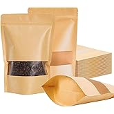 Matomtak 100 PCS 6.3 x 9 inch Resealable Kraft Bags with Window Stand Up Ziplock Seal Paper Bag, Candy Bags, Sealable Food St