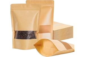 Matomtak 100 PCS 3.5 x 5.5 inch Resealable Kraft Bags with Window Stand Up Ziplock Seal Paper Bag, Candy Bags, Sealable Food 