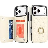 IKOLYS Wallet Case for iPhone 17 Pro with Card Holder, Ring Kickstand Card Slots Leather Case with Double Magnetic Clasp Shockproof Phone Cover 6.3 Inch 2025, Beige