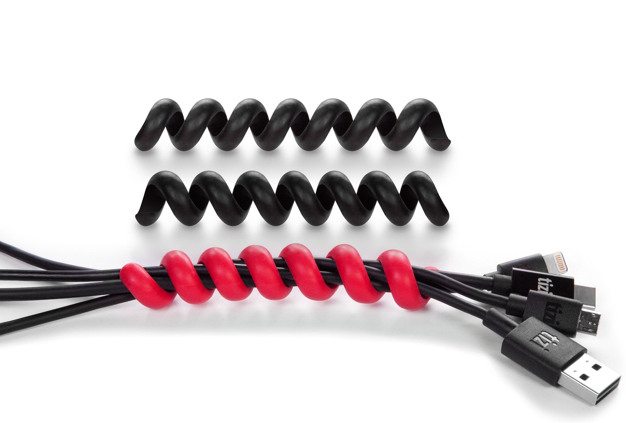 equinux tizi Knubbi Löckchen: 3 cable ties (2x black, 1x red). Spiral-style alternative. Made of anti-slip PVC for secure cable organization. Organizes charging cables, headphones, etc.