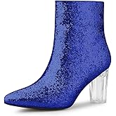 Allegra K Women's Clear Block Heel Glitter Blue Ankle Boots 9 m US