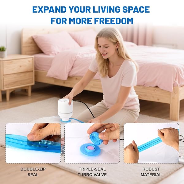 VACUUM STORAGE BAGS FOR CLOTHING,WITH ELECTRIC AIR PUMP SPACE SAVING COMPRESSION BAGS,WATERPROOF, 80% STORAGE REDUCTION,6 PACK VACUUM SEAL BAGS(6 PACK JUMBO) FOR CLOTHES