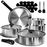CAROTE Pots and Pans Set, Stainless Steel Cookware Set Detachable Handle, 15pcs Induction Kitchen Cookware Sets with Removabl