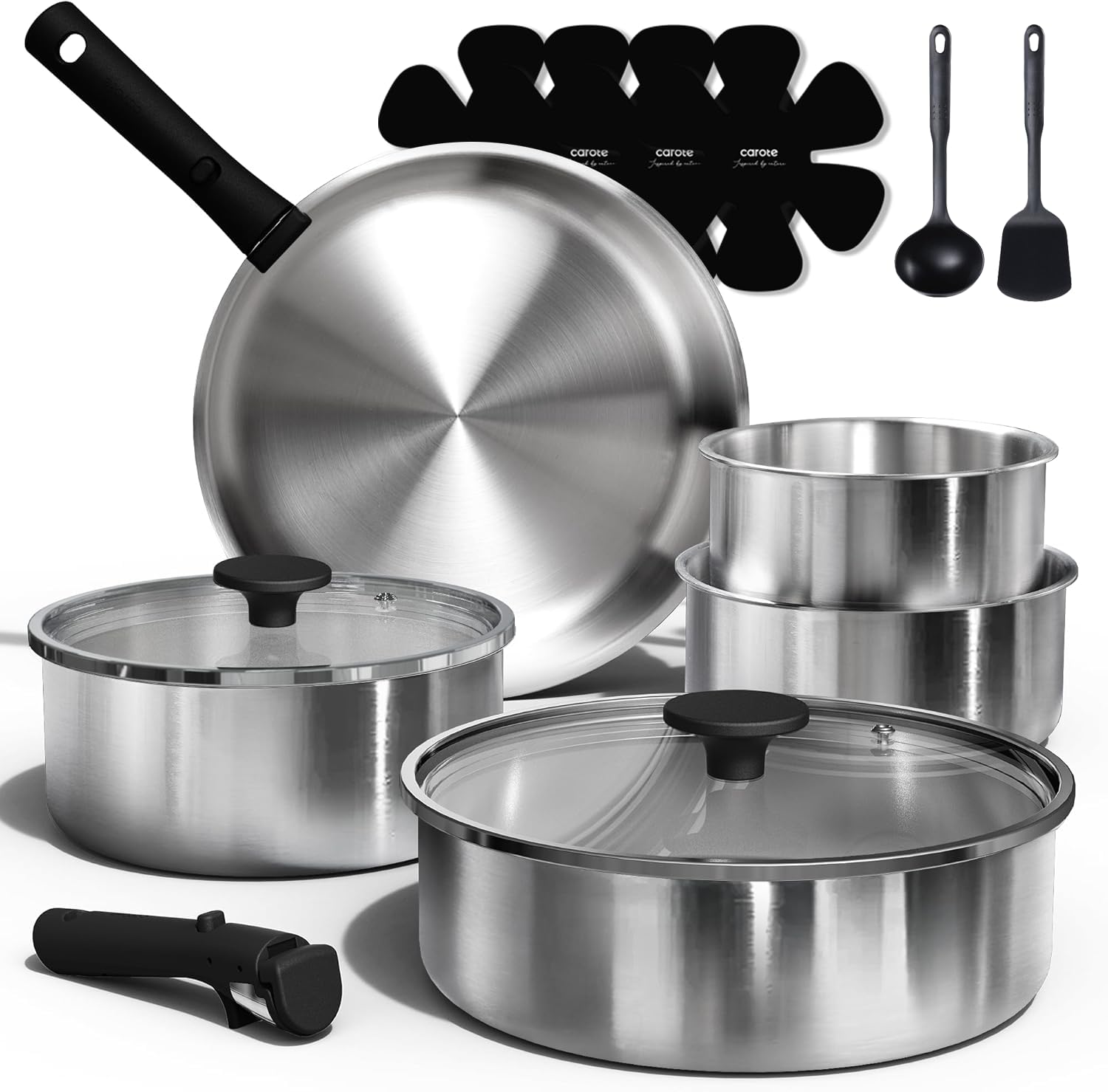 Photo 1 of CAROTE Pots and Pans Set, Stainless Steel Cookware Set Detachable Handle, 15pcs Induction Kitchen Cookware Sets with Removable Handle, RV Cookware Set, Oven Safe