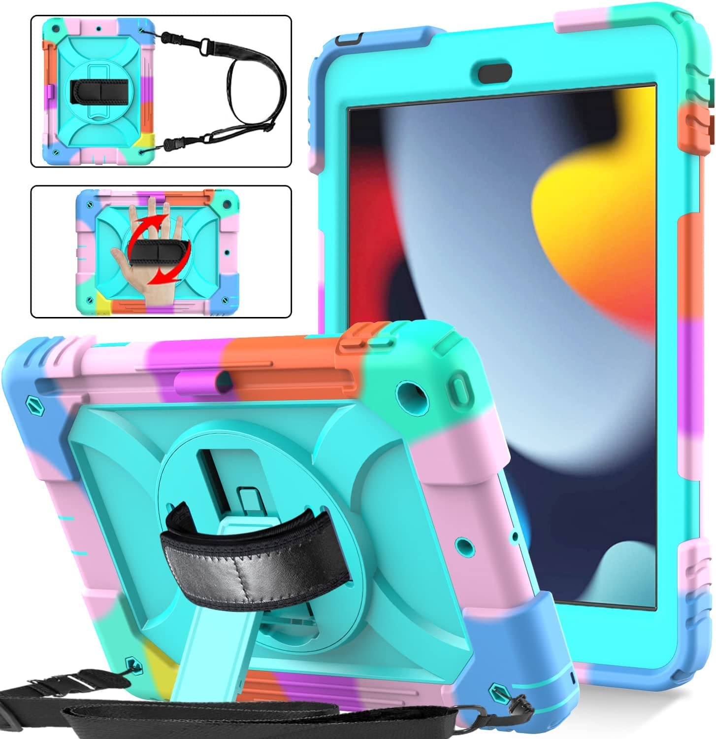 SINSO Case for iPad 9th/8th/7th Generation 10.2 Inch (2021/2020/2019), Fully-Body Heavy Duty Shockproof ipad Cover with 360° Rotating Hand Strap/Stand/Shoulder Strap/Pencil Holder, Turquoise