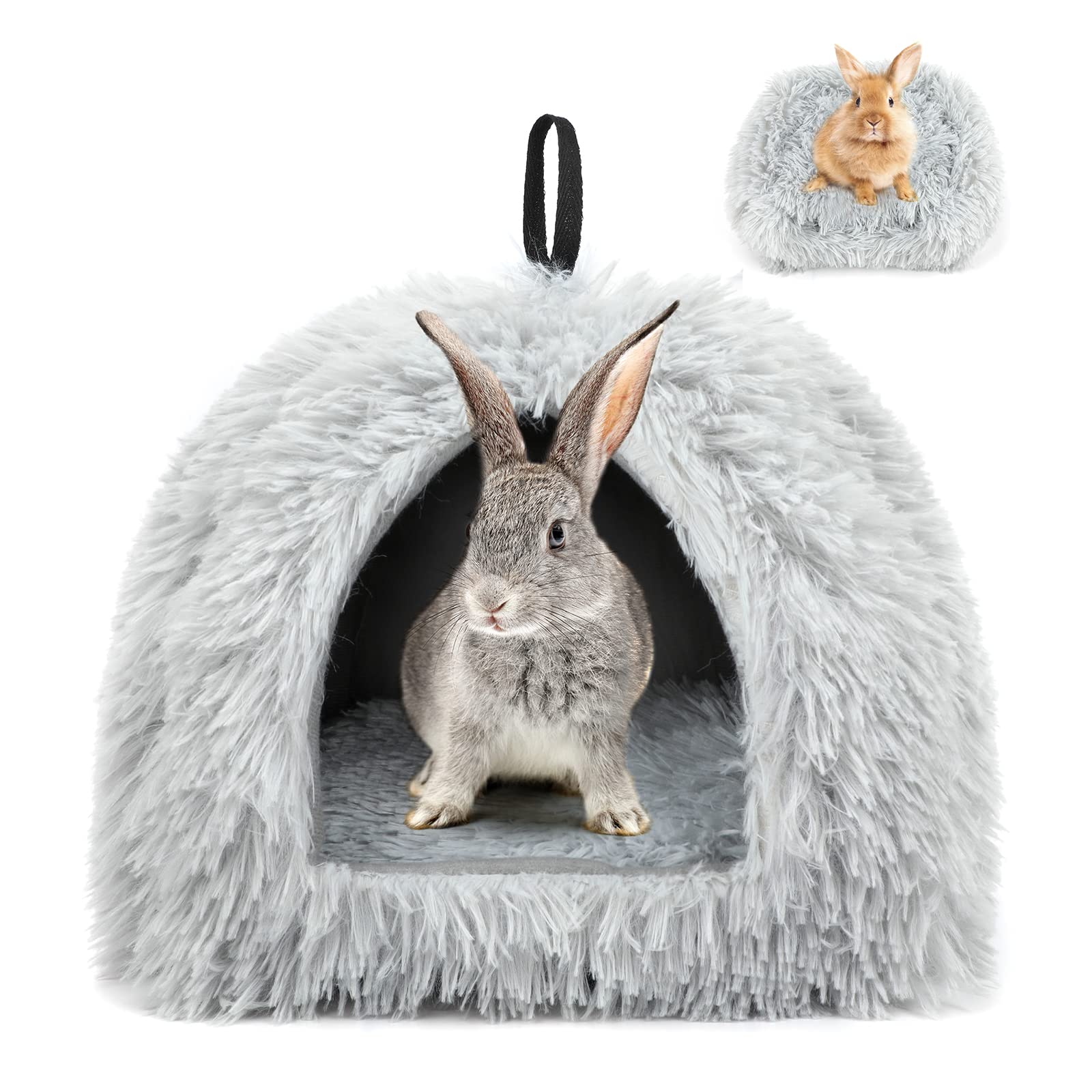 Sbayool Calming Rabbit Bed House, Cozy and Warm Rabbit Hideaway Guinea Pig Bed House with Movable Pad for Rabbits Guinea Pigs Hedgehogs Ferrets and Other Small Pets, Grey
