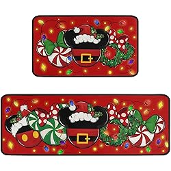 Christmas Kitchen Rugs Set of 2, Red Cartoon Mouse