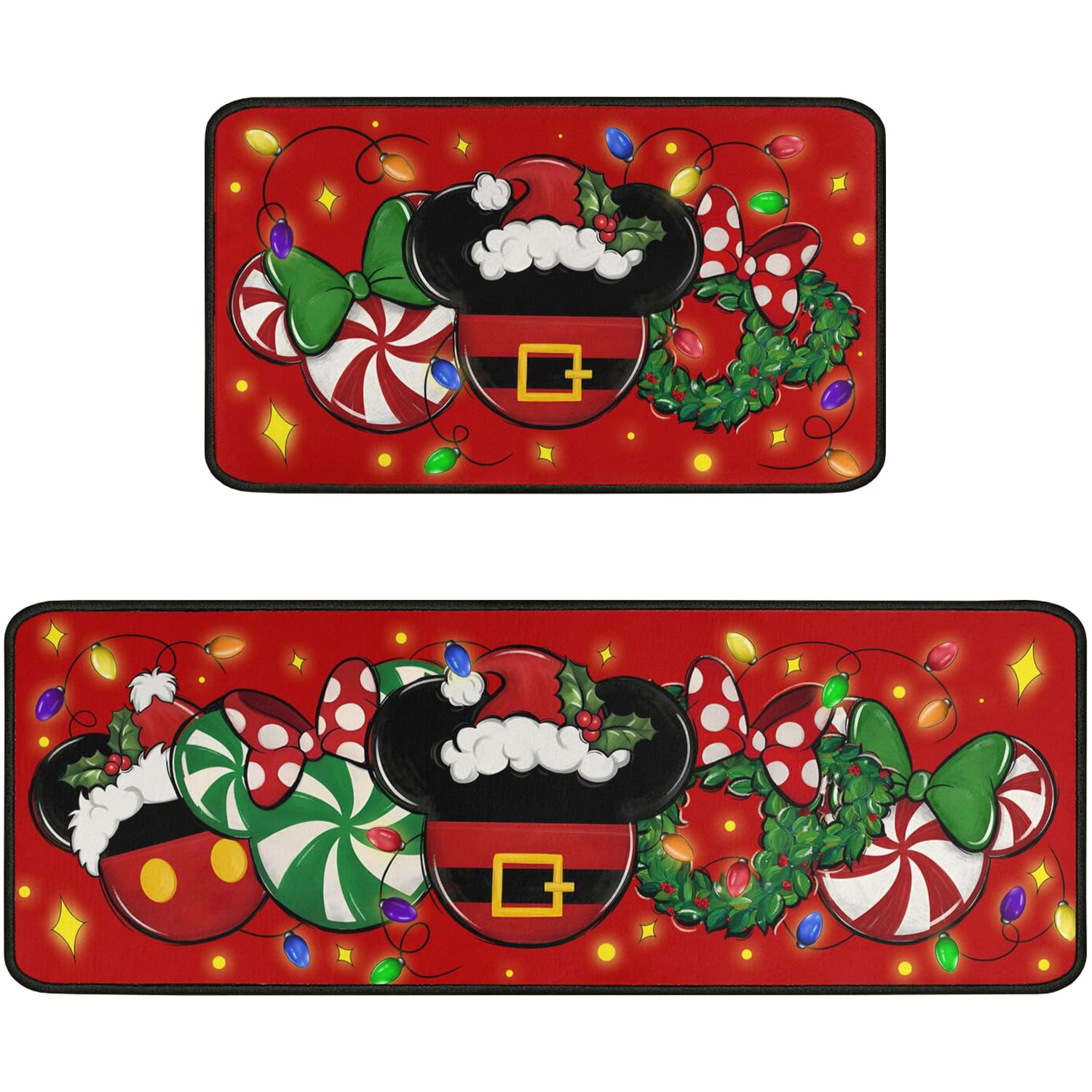 Christmas Kitchen Rugs Set of 2, Red Cartoon Mouse