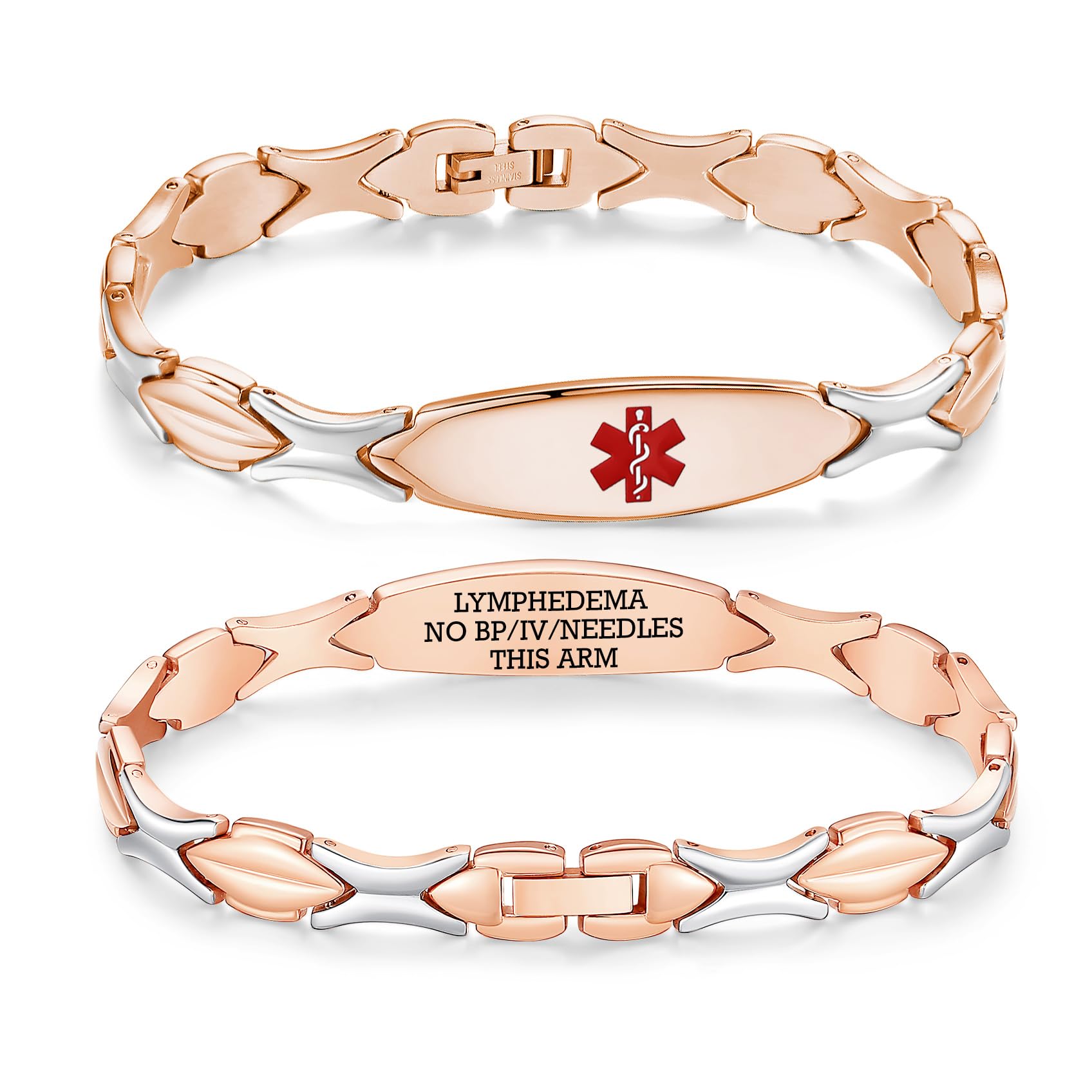 LinnaLove 7 1/2 inch Personalized Medical Alert Bracelets for Women Free Engraving Stainless Steel Emergency Medical Bracelets -rose gold-lymphedema alert