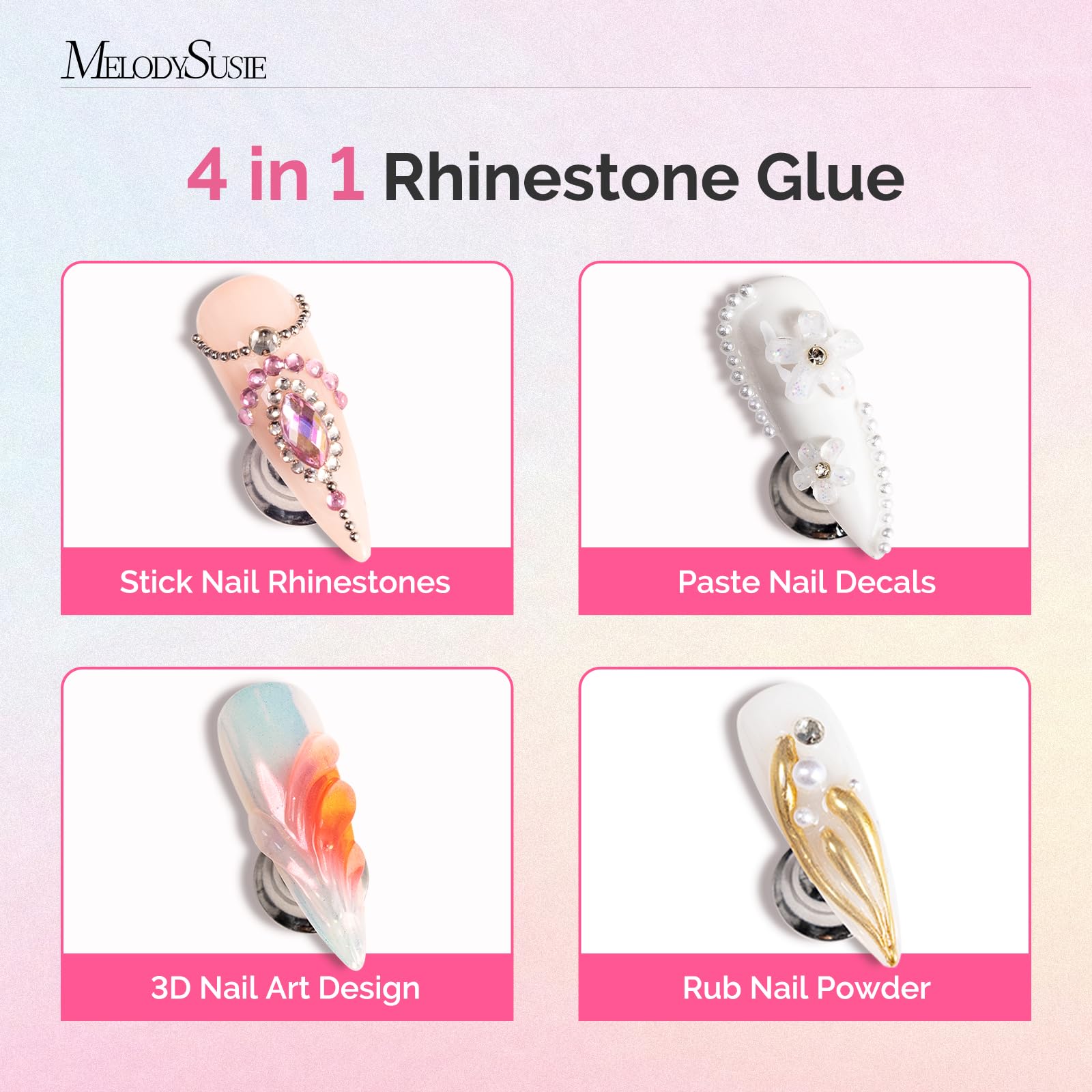 MelodySusie 2Pcs Nail Rhinestone Glue, 3D Gel Nail Art Design Strong Adhesive Nail Gem Glue for Nail Charms Gems Jewelry Decoration DIY Manicured at Home Cured Need Beauty Gifts for Women - Image 3