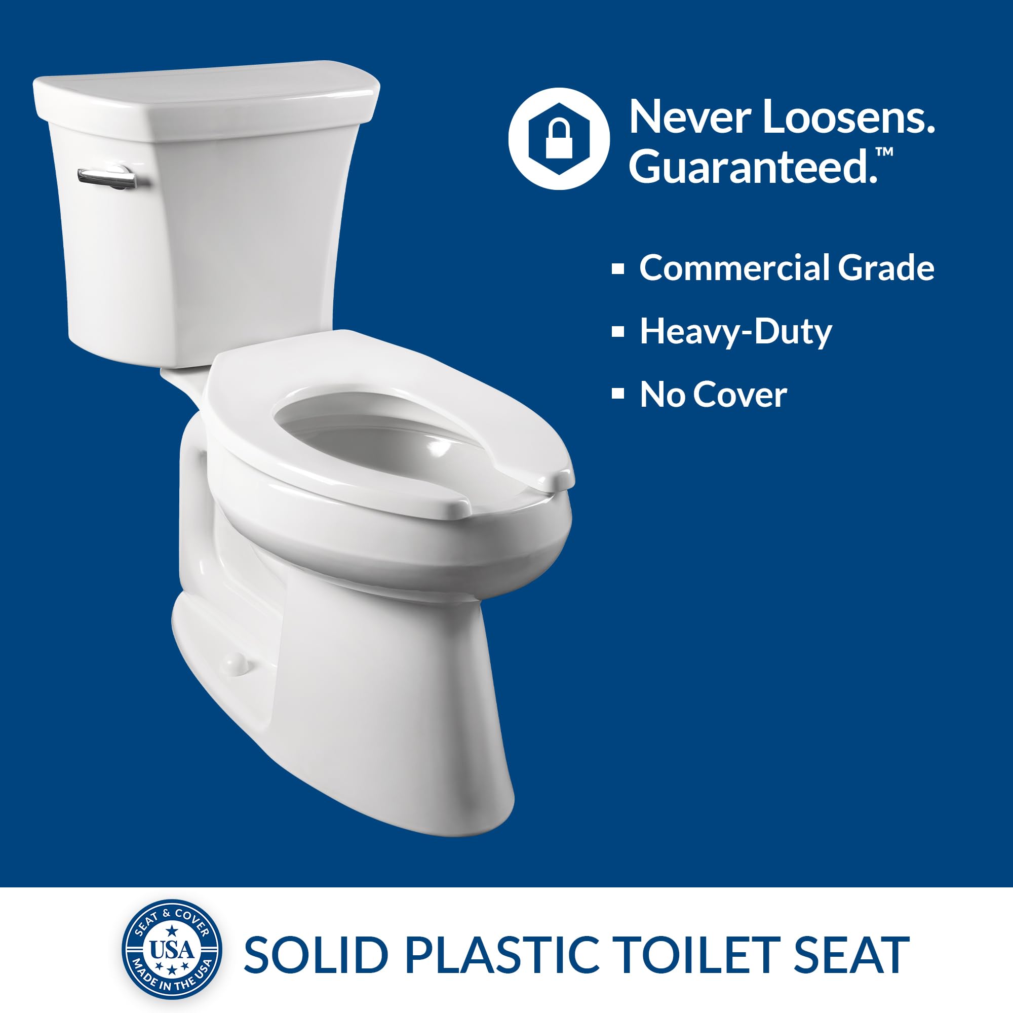 BEMIS 1955CT Commercial Open Front Plastic Toilet Seat, Heavy Duty Industrial Seat without Lid, Secure Installation for Long Lasting Use, Made in USA, Elongated, White