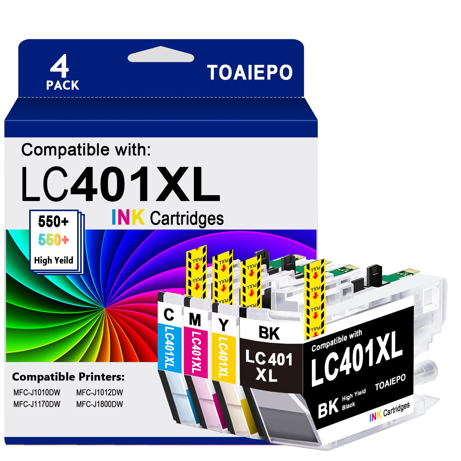 Photo 1 of TOAIEPO LC401XL Ink Cartridges Compatible for Brother Ink LC401 Cartridges Work with MFC-J1010DW MFC-J1012DW MFC-J1170DW MFC-J1800DW, 4 Pack