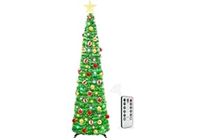 HISFFOG 5 Ft Prelit Tinsel Pop Up Christmas Tree with 8 Light Adjustment Modes 50 Remote Color Lights Battery Operated, Pencil Artificial Slim Tree Xmas Decoration Home Party Indoor Outdoor