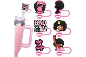 HIKKCOS 6Pcs Pink Black Girl Straw Covers Cap for Stanley Cup，Cute Silicone Straw Topper for 10mm Drinking Straw Tip Covers Stanley Cup Accessories