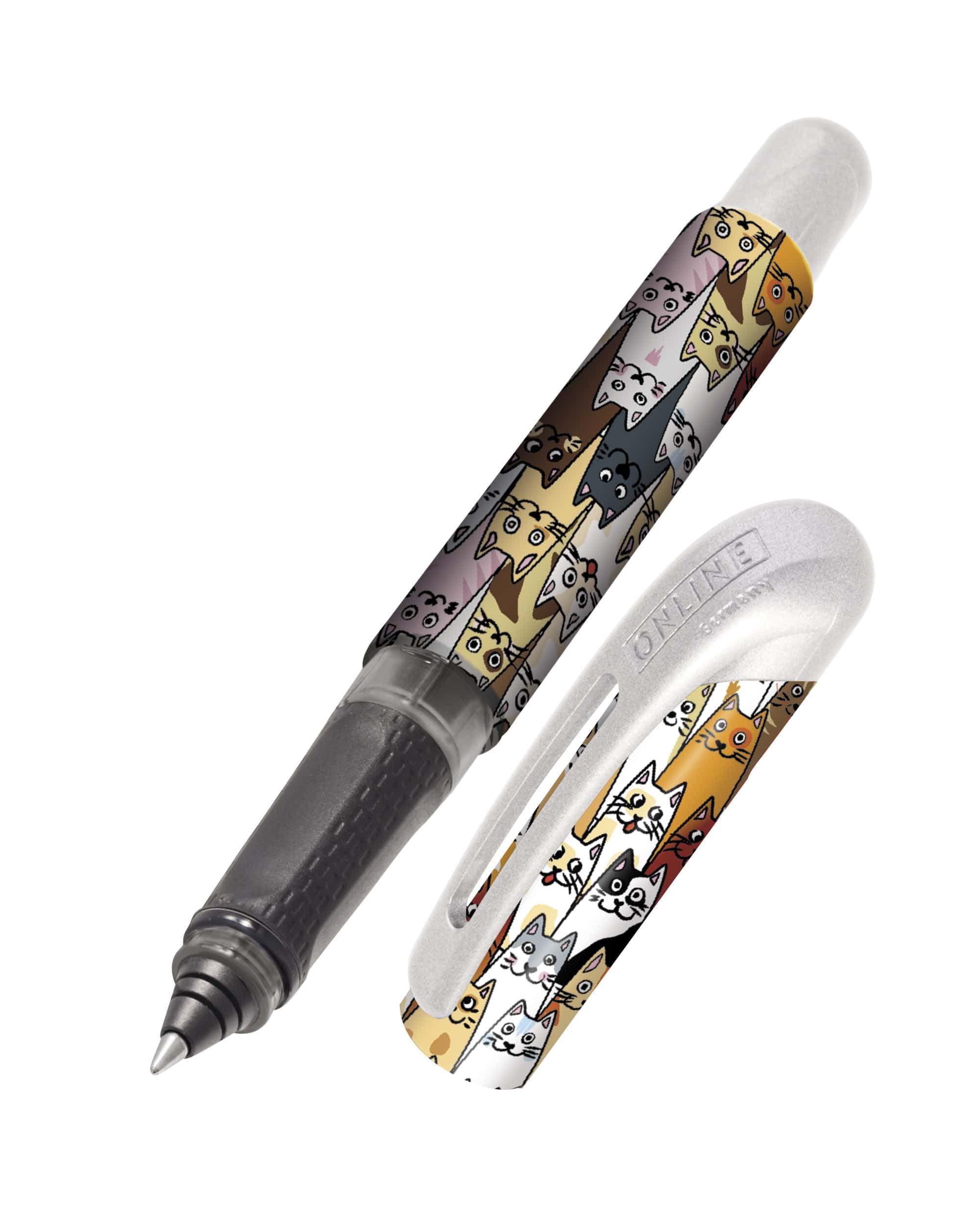 Online ink cartridge rollerball College Fluffy cats, pen for right- and left-handers, ergonomic grip part, rollerball, standard ink cartridges, incl. combi cartridge blue