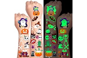 Tatouages d'Halloween pour enfants, 35 feuilles, plus de 350 styles mignons mais effrayants, tatouages temporaires phosphores