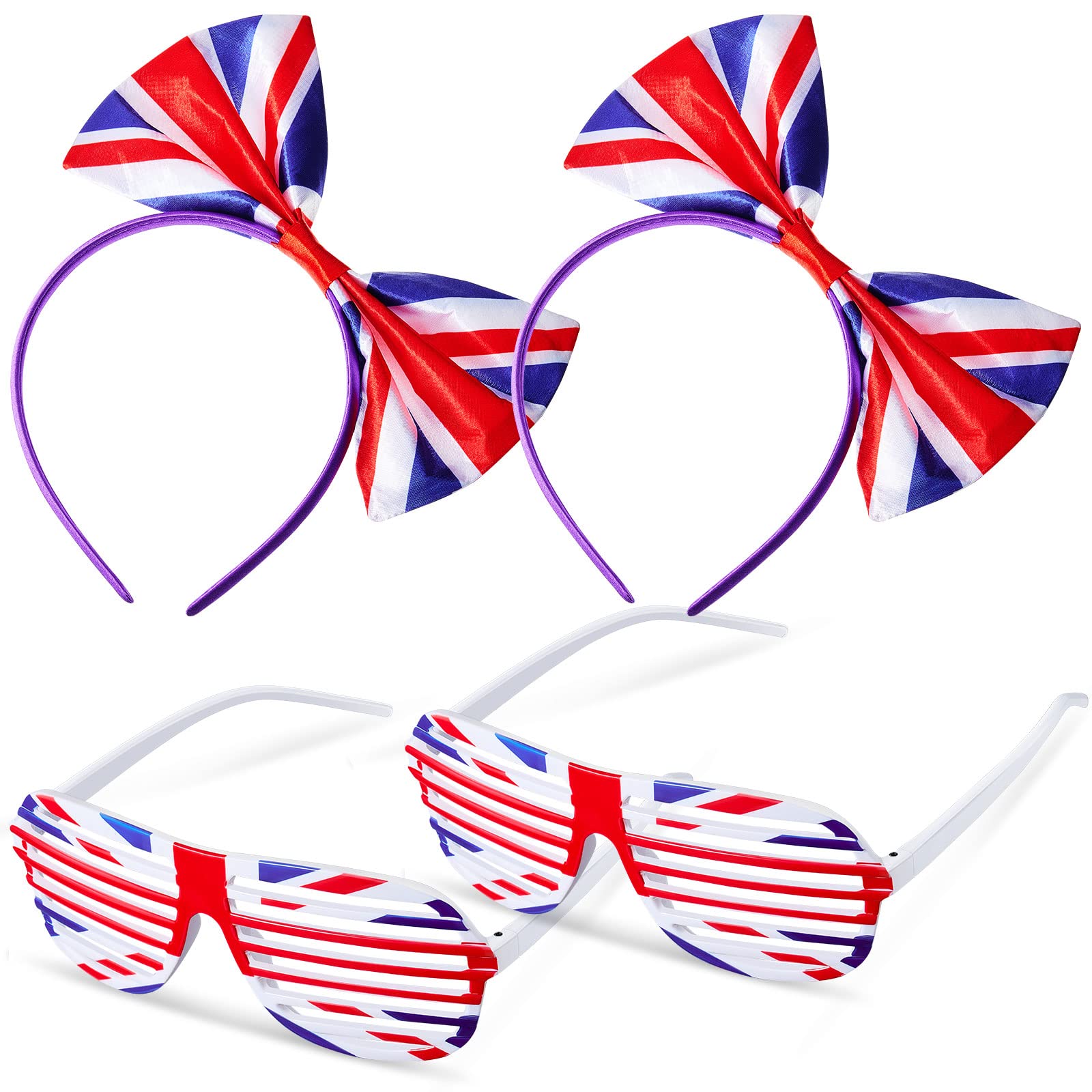 Chuangdi 2 Pcs British Headband 2 Pairs Union Jack Sunglasses Shutter Shades Union Jack Flag Bow Headband Union Jack Party Supplies for King Charles III Coronation Decorations Street National Events