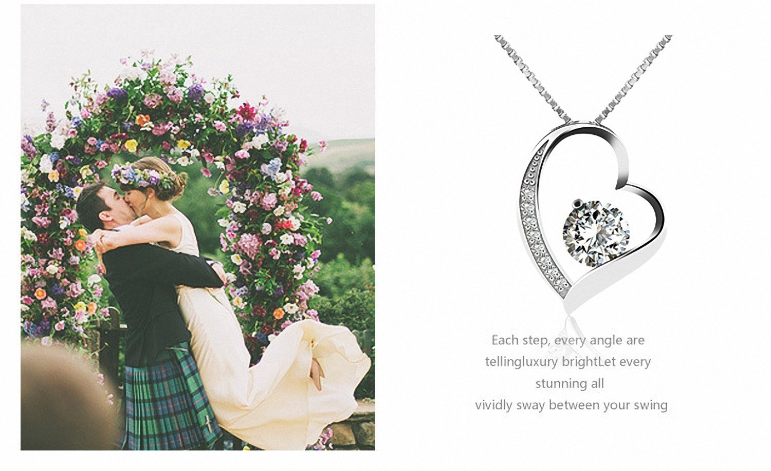 J.Vénus Damen Schmuck, Halskette Silber mit Herz Anhänger 925 Sterling Silber Zirkonia 45cm / Kette, Schmuck mit Etui (ewige Liebe - weiß)