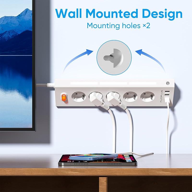 Multiprise avec 5 Prises et 4 Ports USB (2 USB A+2 USB C), Blanc — photo 8 sur 8