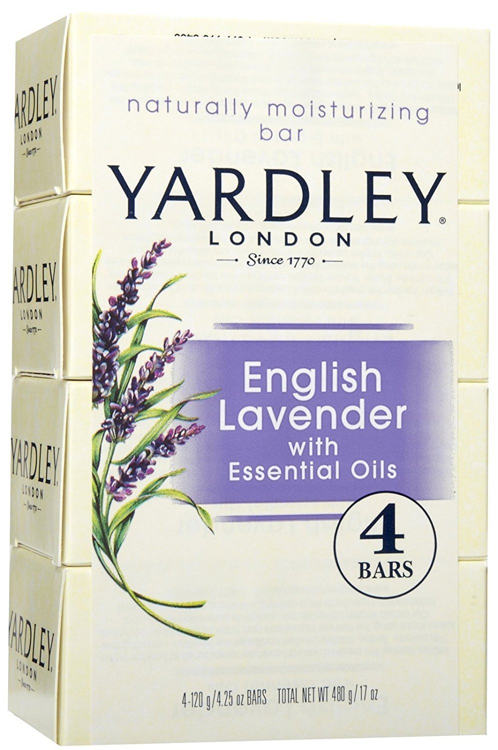 Yardley London English Lavender with Essential Oils Soap Bar, 4.25 oz Bar (Pack of 4)