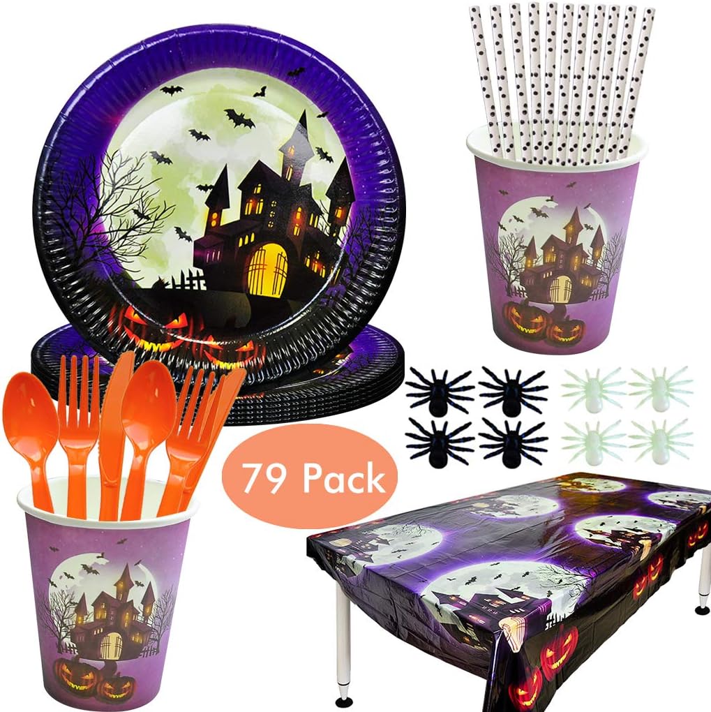 Amycute 79 Pcs Halloween Party Supplies Tableware Set, Halloween Paper