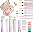 SYLCXX 50 PCS Aesthetic School Supplies with Big Capacity Pen Case,12 Pastel Highlighters, 6 Black Ink Gel Pens, 6 Color Ink Gel Pens with Refills Set for Students Stationary College Essentials, Pink