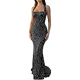 Stanjiehu Halter Sequin Prom Dress Mermaid Long Formal Cocktail Party Evening Gown